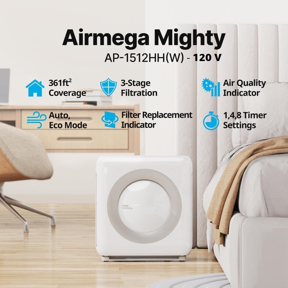 Coway Airmega AP-1512HH(W) True HEPA Air Purifier – Air Quality Monitor, Auto Mode, Timer & Eco Mode (White)