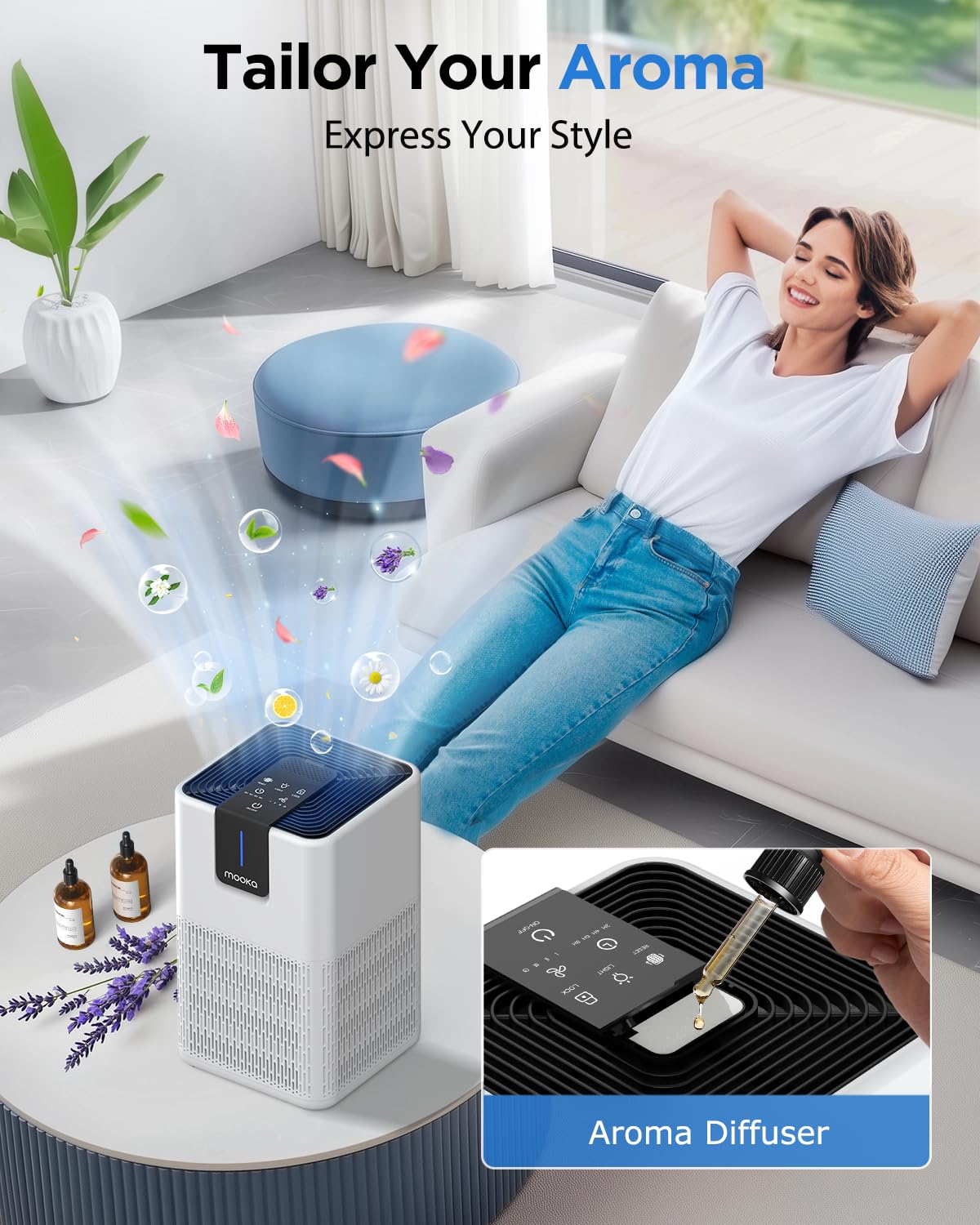 MOOKA H13 HEPA Air Purifier – Large Room Coverage up to 1250 sq ft, Quiet Sleep Mode with Aromatherapy, White
