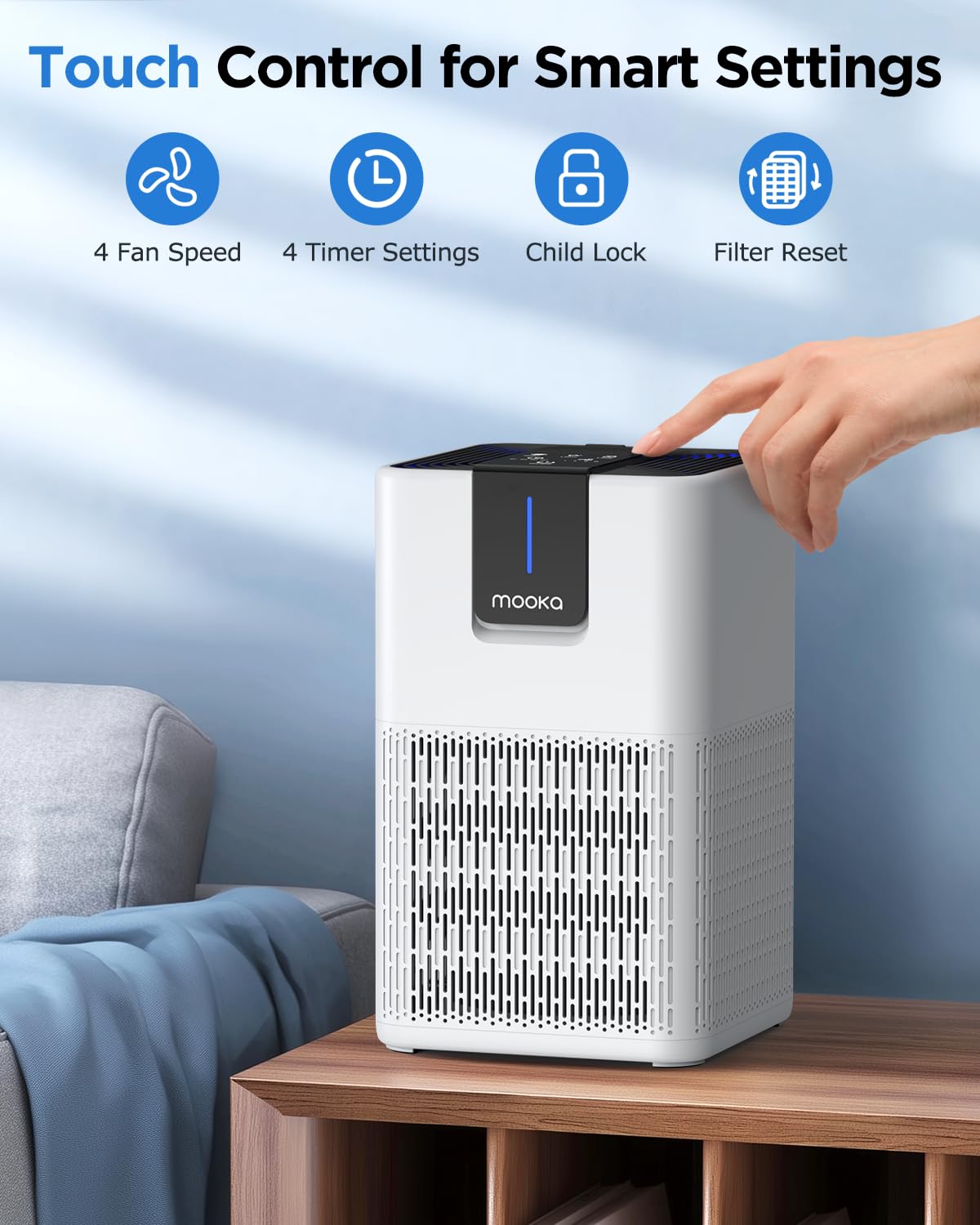MOOKA H13 HEPA Air Purifier – Large Room Coverage up to 1250 sq ft, Quiet Sleep Mode with Aromatherapy, White