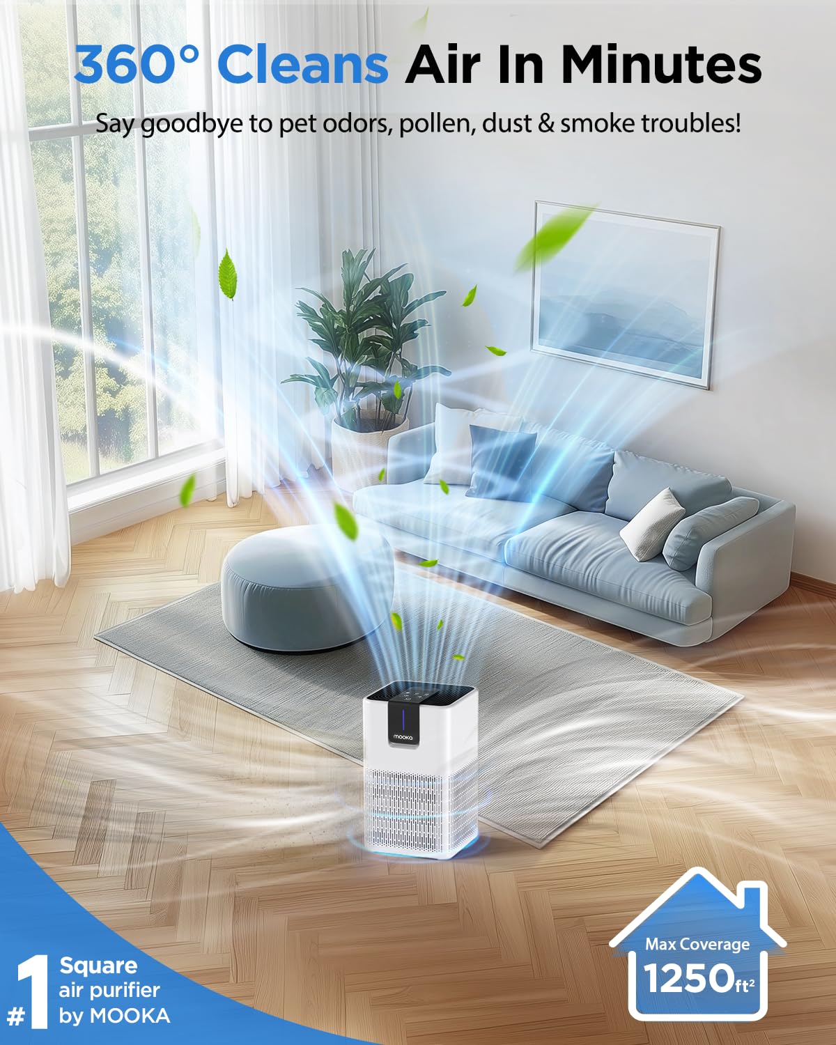 MOOKA H13 HEPA Air Purifier – Large Room Coverage up to 1250 sq ft, Quiet Sleep Mode with Aromatherapy, White