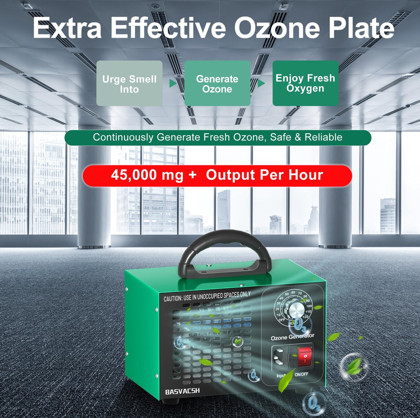 High-Capacity Ozone Generator 45,000mg/h โ Industrial & Home Air Purifier and Deodorizer for Large Areas up to 2500 sq ft (Green)