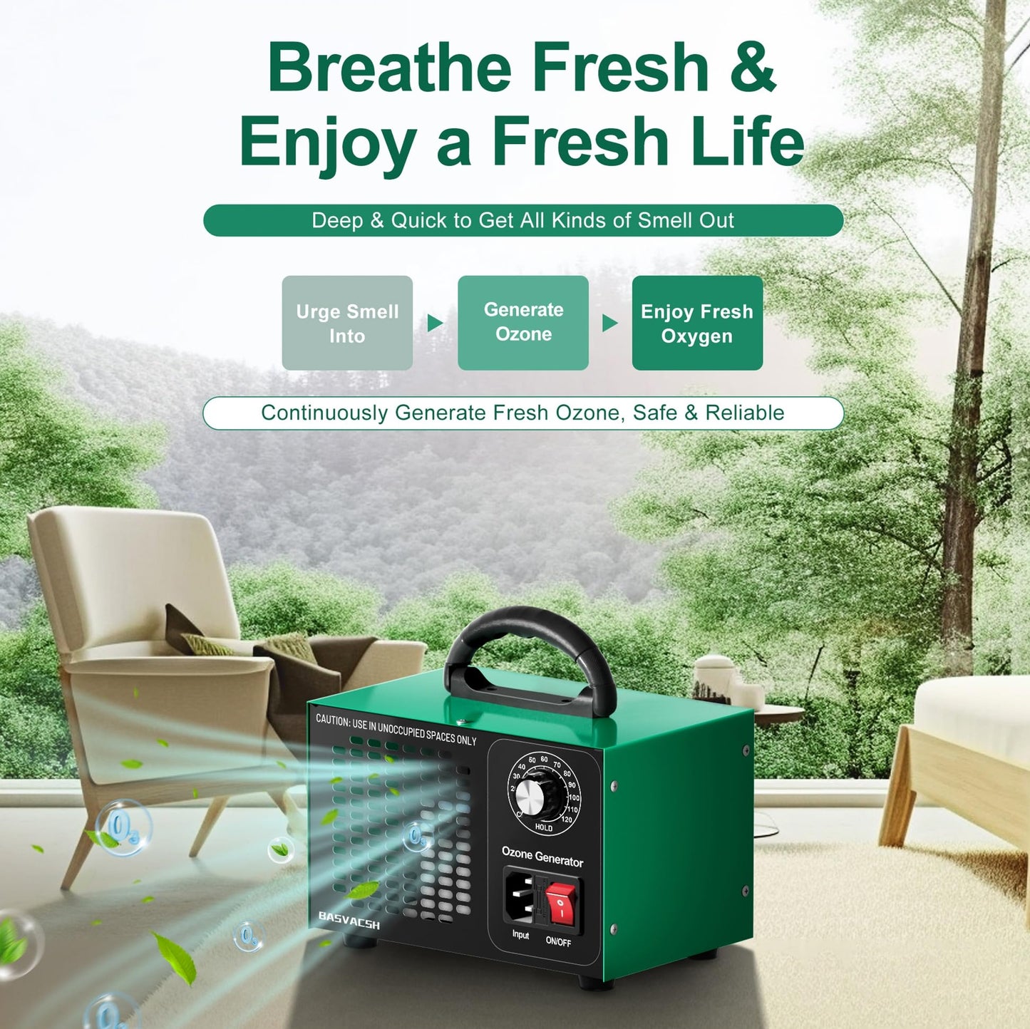 High-Capacity Ozone Generator 45,000mg/h โ Industrial & Home Air Purifier and Deodorizer for Large Areas up to 2500 sq ft (Green)