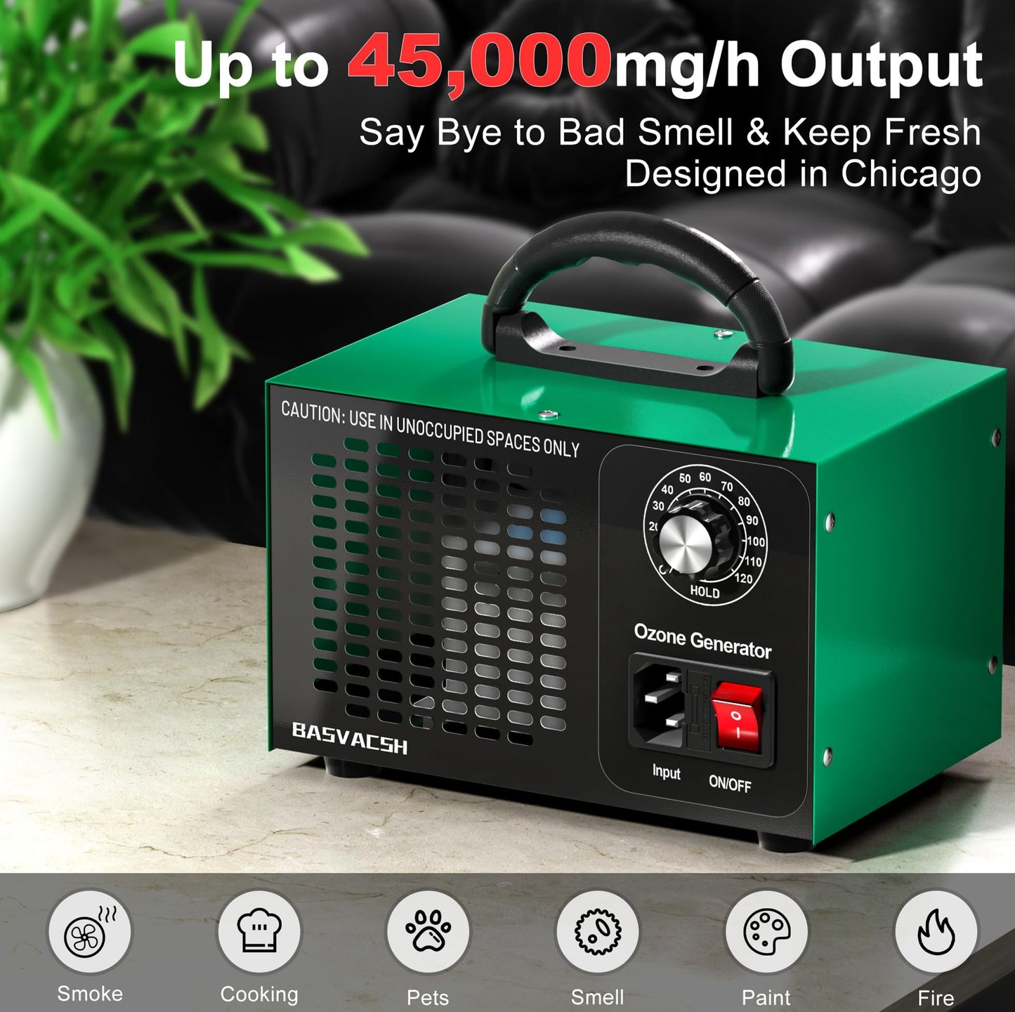 High-Capacity Ozone Generator 45,000mg/h โ Industrial & Home Air Purifier and Deodorizer for Large Areas up to 2500 sq ft (Green)