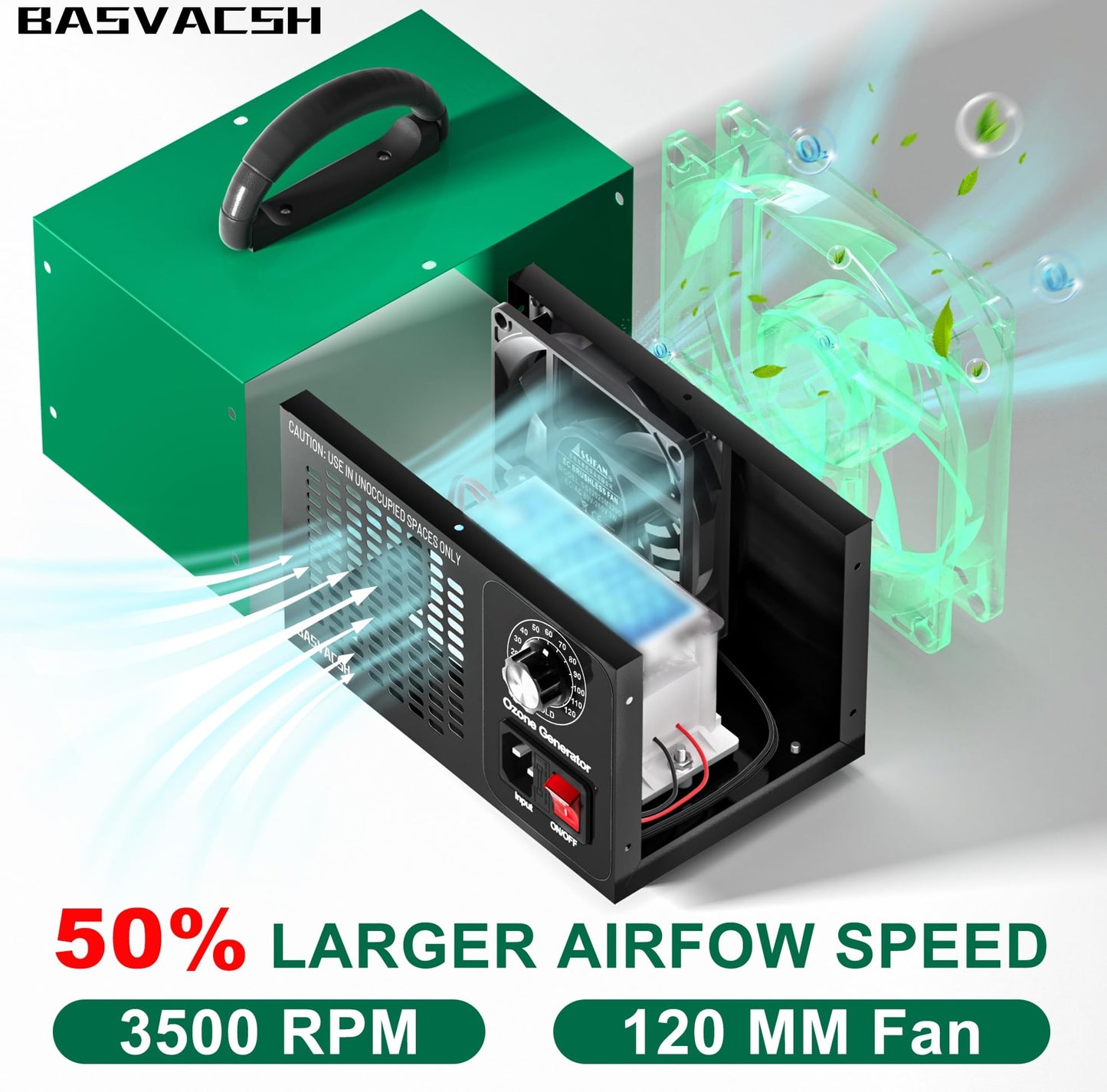 High-Capacity Ozone Generator 45,000mg/h – Industrial & Home Air Purifier and Deodorizer for Large Areas up to 2500 sq ft (Green)