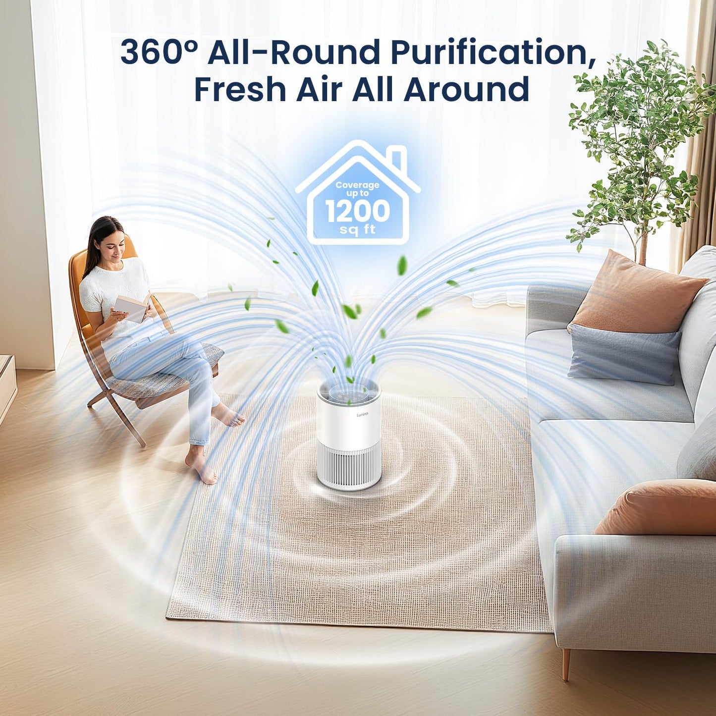 LUNINO H13 True HEPA Air Purifier – Large Room Coverage up to 1200 sq ft, Air Quality Sensor & Sleep Mode, with Fragrance Function